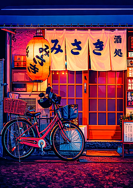 Japanese Izakaya at Night with Bicycle