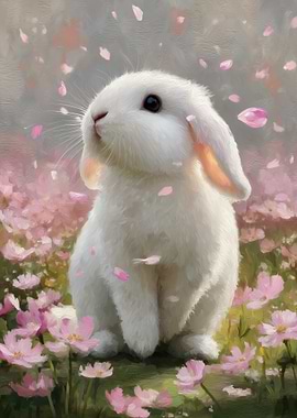 Cute White Bunny in Pink Flowers