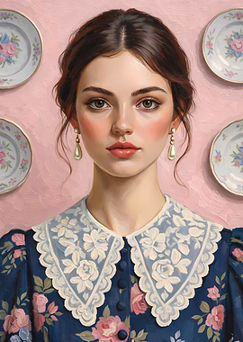 Portrait of a Woman with Dark Blue Floral Dress