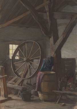 Barn Interior with Spinning Wheel and Barrel