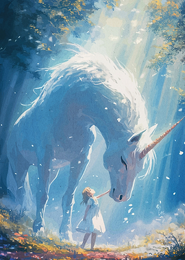 Girl and Unicorn in Magical Forest