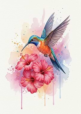 Hummingbird and Hibiscus Flowers