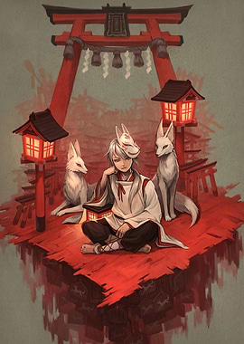 Anime boy with fox masks and spirits