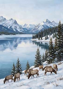 Elk in a Snowy Mountain Landscape
