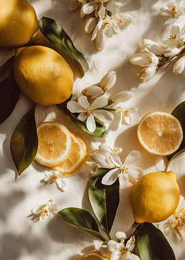 Lemons and White Flowers on Fabric