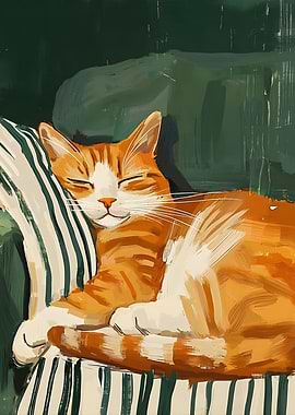 The Cat Sleeping on Striped Pillow