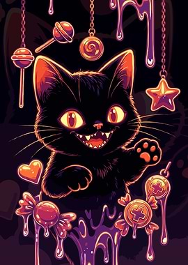 Cute Black Cat with Candy Art