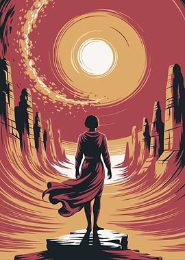 Woman in red dress in desert landscape