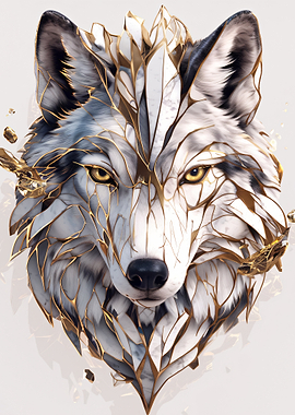 Majestic Wolf Head with Marble and Gold Accents