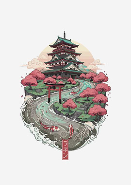 Japanese Castle with Cherry Blossoms and Koi Pond