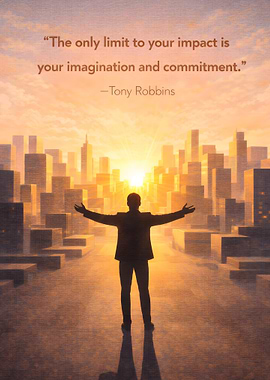 Man with arms outstretched in city at sunrise