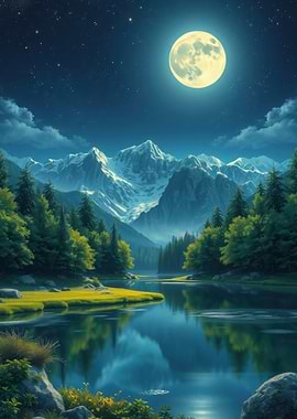 Moonlit Mountain Lake Landscape