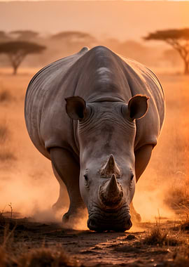 Rhino charging through dust at sunset