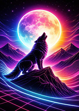 Wolf howling at neon moon