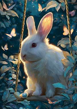 Enchanting White Rabbit in Moonlit Garden