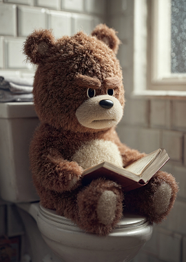 Grumpy Teddy Bear Reading on Toilet