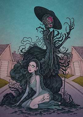 Gothic Witch and Woman in Suburban Setting