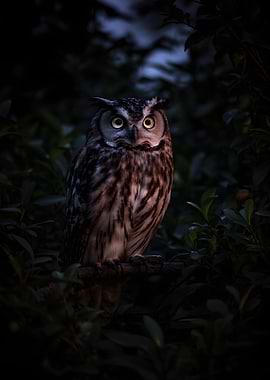 Owl perched on a branch at night