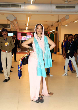 Rihanna in a pink dress and headscarf