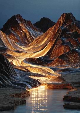 Glowing Lava River in Mountains