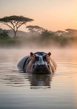 Hippopotamus in Misty Water at Sunrise