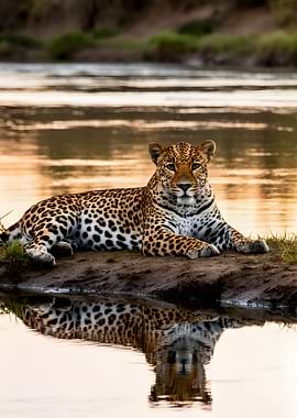 Leopard resting by the water