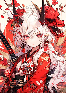 Anime Oni Girl with Dragon Mask