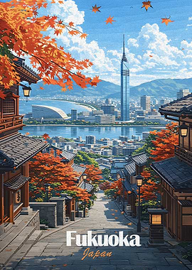 Fukuoka Cityscape with Autumn Leaves