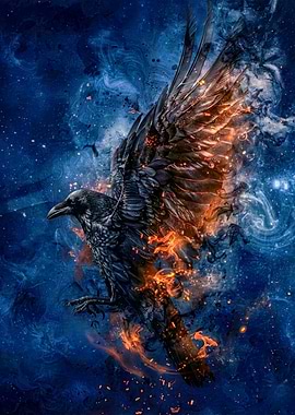 Fiery Raven in Cosmic Sky
