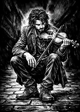 Man playing violin on cobblestone street