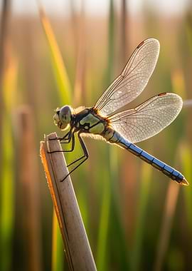 Dragonfly on a reed at sunset
