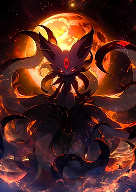 Dark Fox Creature with Fiery Moon