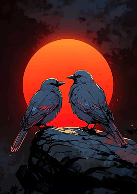 Two birds on a rock at sunset