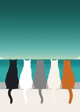 Five Cats Sitting by the Ocean