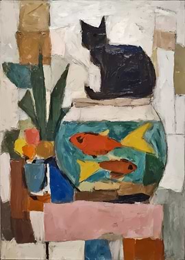 Black Cat Watches Fish in Bowl