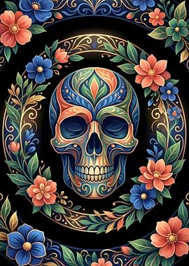 Day of the Dead Skull with Floral Wreath