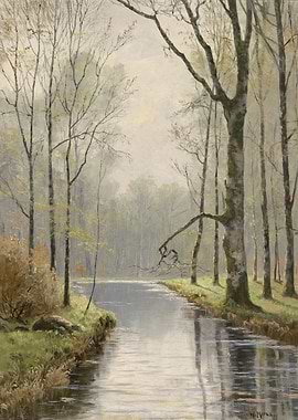 Misty Forest River Landscape Painting