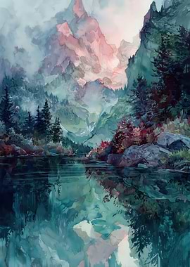 Misty Mountain Lake Watercolor Painting
