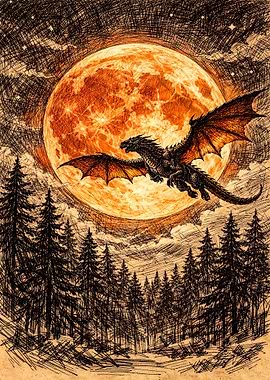 Dragon flying over forest at night