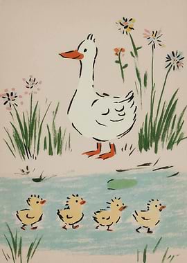 Mother Duck and Ducklings by the Pond