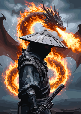 Samurai Warrior and Fire Dragon