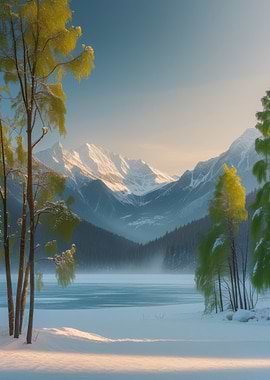 Winter Mountain Lake Landscape
