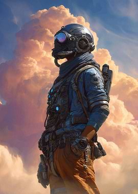 Sci-fi astronaut in clouds
