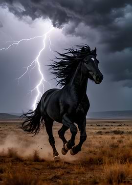 Black horse running in a thunderstorm