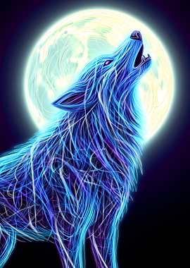 Neon Wolf Howling at the Moon