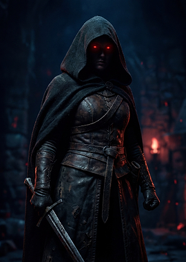 Dark hooded figure with glowing red eyes