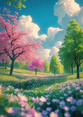 Enchanting Spring Meadow with Cherry Blossoms