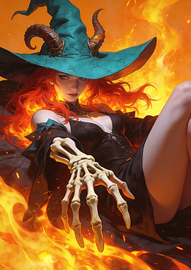 Fiery Witch with Skeleton Hand