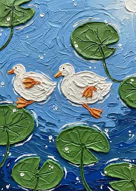Two Ducks Swimming Among Lily Pads
