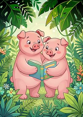 Two pigs reading a book